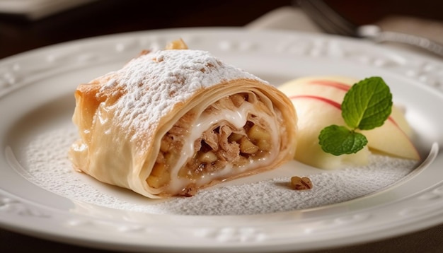 Freshly baked apple strudel on gourmet plate generated by AI