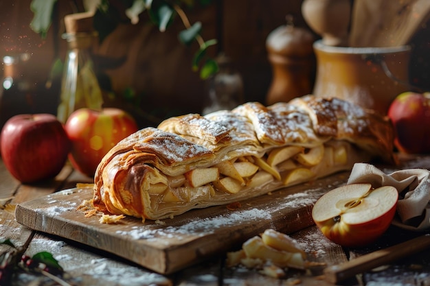 Photo freshly baked apple strudel on rustic table