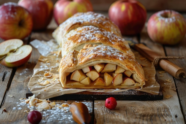 Freshly baked apple strudel on rustic table