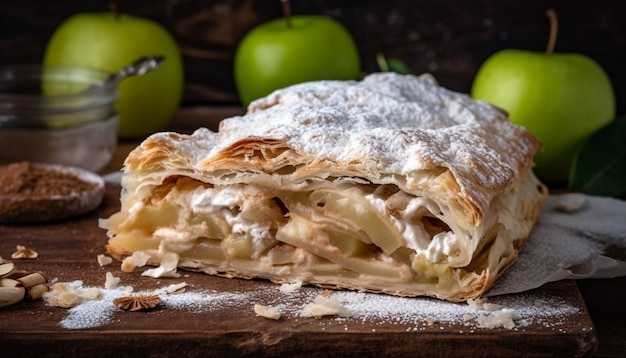 Freshly baked apple strudel on rustic wood table generated by AI