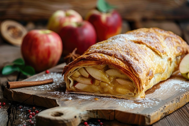 Freshly baked apple strudel on rustic wood table