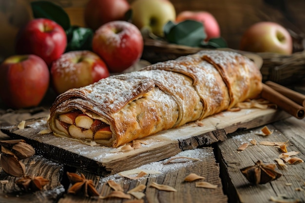 Freshly baked apple strudel on rustic wood table