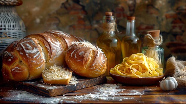 Photo freshly baked artisan bread and homemade pasta with olive oil and garlic on rustic table