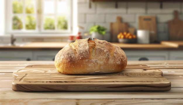 Photo freshly baked artisan bread on a wooden cutting board in a cozy kitchen