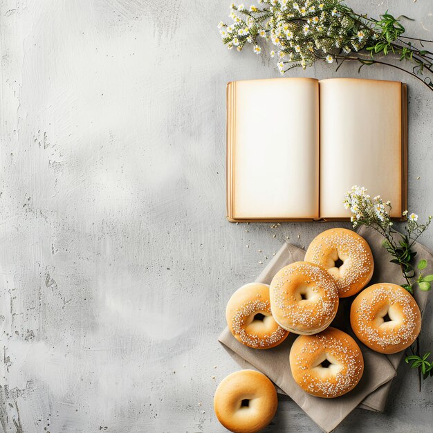 Photo freshly baked bagels on napkin with open book and white flowers top view bakery breakfast or food