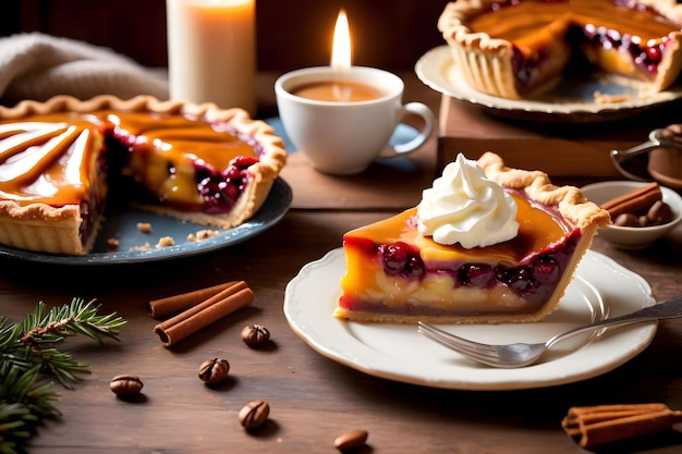 Freshly baked berry pie served on a rustic wooden table