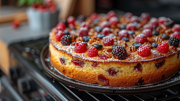 Freshly baked berry pie with powdered sugar and nuts