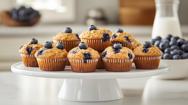 Photo freshly baked blueberry muffins on a white cake stand in a bright kitchen with a bowl of blueberries and milk nearby