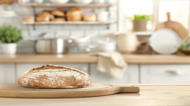 Photo a freshly baked braided bread loaf sits on a wooden cutting board in a kitchen setting