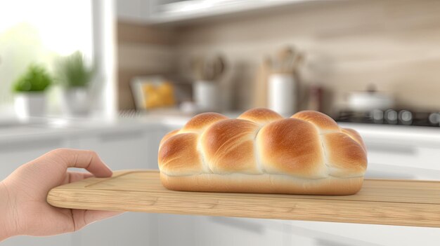 Photo a freshly baked braided bread loaf sits on a wooden cutting board in a kitchen setting