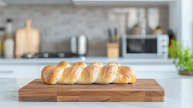 Photo a freshly baked braided bread loaf sits on a wooden cutting board in a kitchen setting