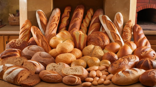 Freshly baked bread assortment with different textures and shapes