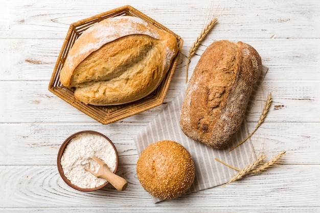 Freshly baked bread on basket against natural background top view bread copy space