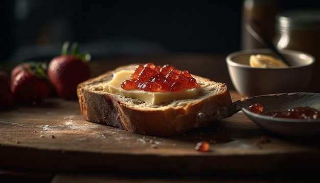 Freshly baked bread and berry preserves spread generated by AI