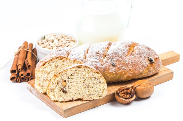 freshly baked bread isolated on white background Sliced bread, isolated on white