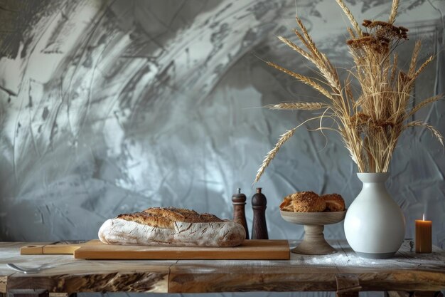 Freshly baked bread loaf and buns sitting on rustic kitchen table