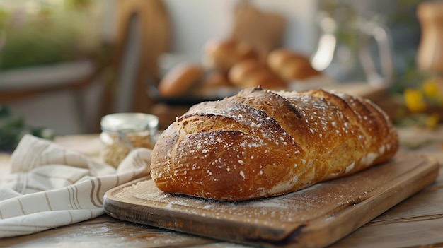 Freshly baked bread loaf on a wooden cutting board