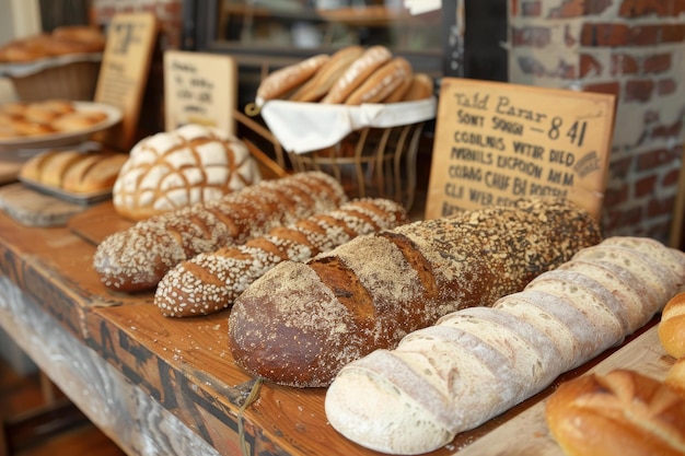 Freshly baked bread loaves cooling on rustic wooden shelf