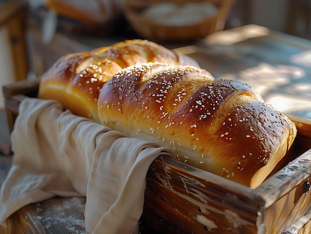 Freshly Baked Bread Loaves in a Wooden Box Photo