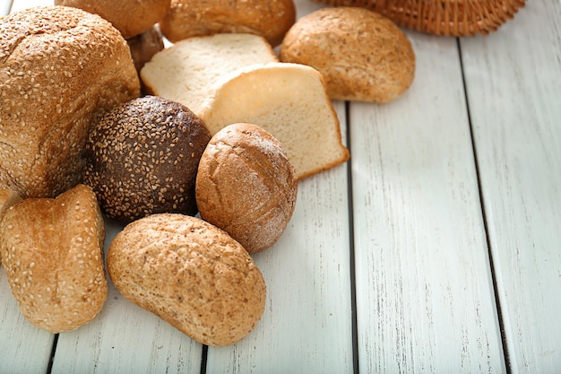 Freshly baked bread products on table