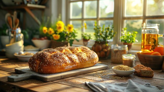 Freshly Baked Bread on Rustic Table