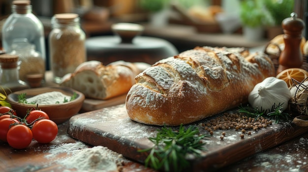 Freshly Baked Bread on Rustic Table