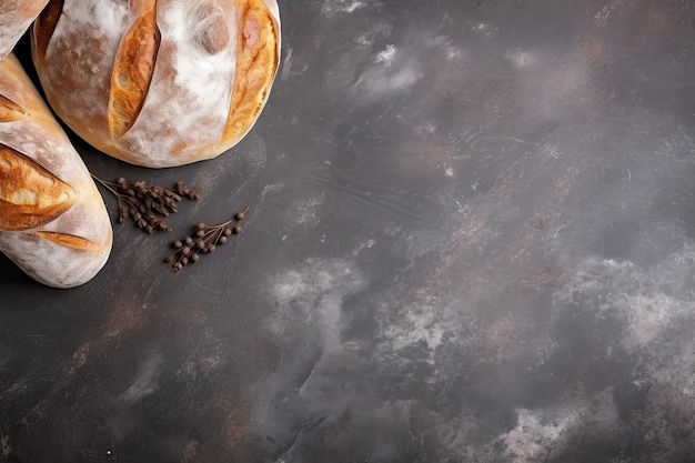 Freshly baked bread and wheat ears on rustic background Top view with copy space