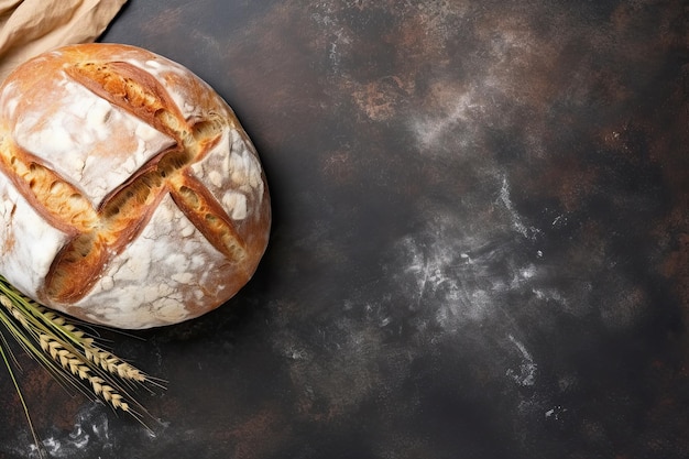 Freshly baked bread and wheat ears on rustic background Top view with copy space