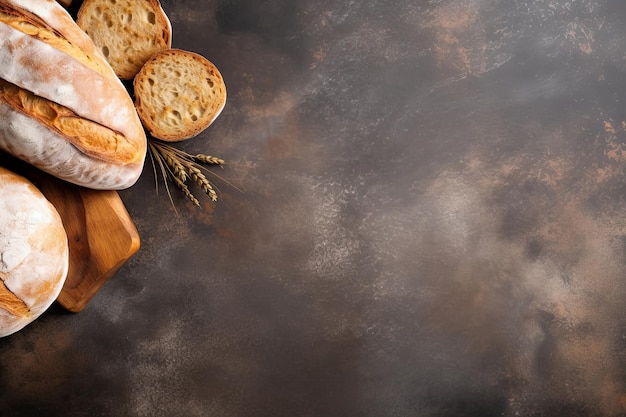 Freshly baked bread and wheat ears on rustic background Top view with copy space