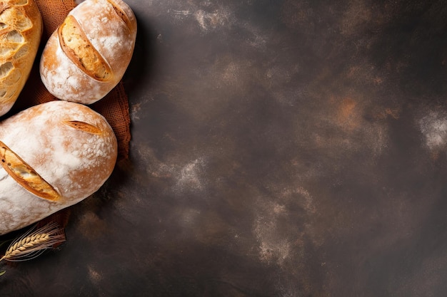 Freshly baked bread and wheat ears on rustic background Top view with copy space