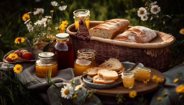 Freshly baked bread and wildflowers for lunch generated by AI