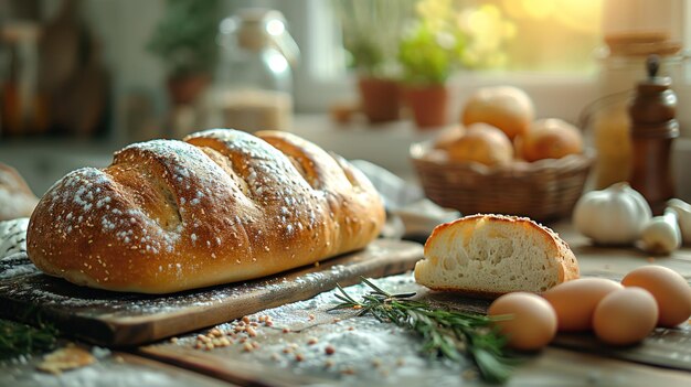 Freshly Baked Bread with Rustic Kitchen Setting