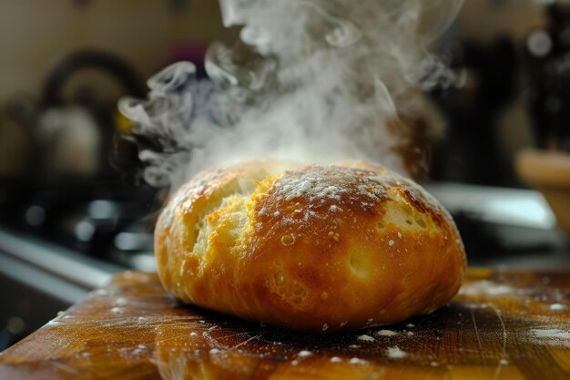 Freshly baked bread with steam rising