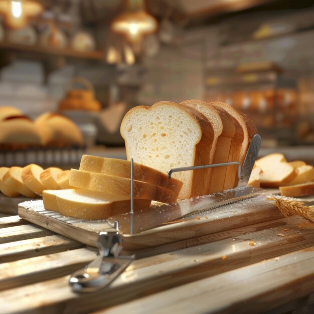 Photo freshly baked bread on a wooden table ready to be sliced