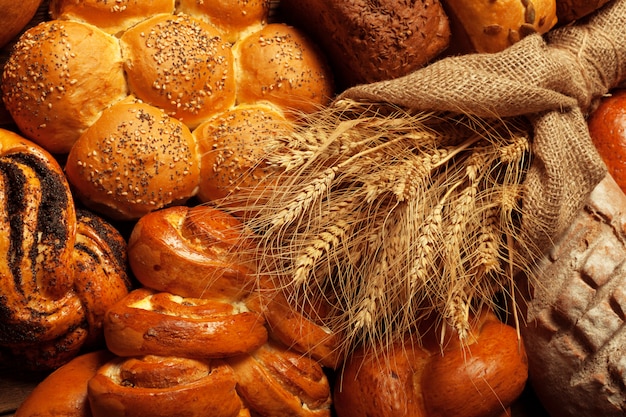 Freshly baked bread on wooden table