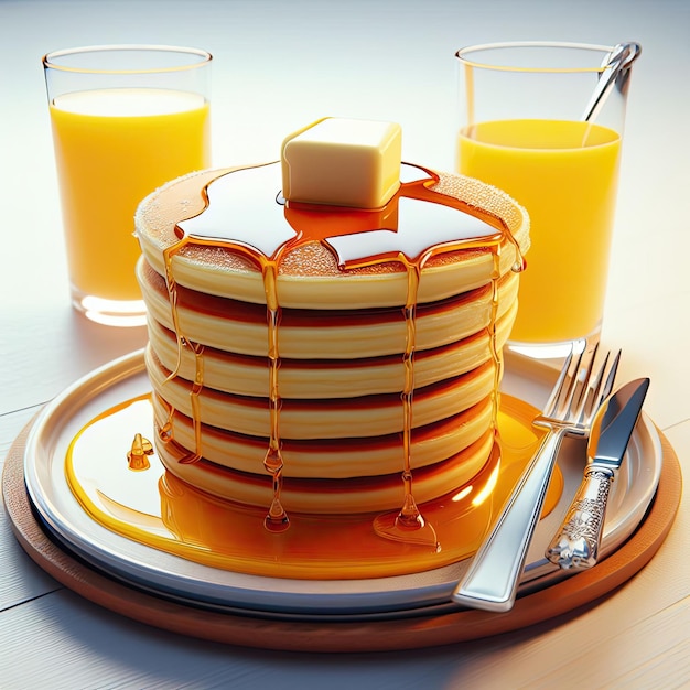 Freshly Baked Breakfast with Fruit and Juice on Table A refreshing healthy breakfast with fruit juice and sweet food