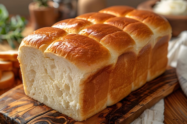 Freshly Baked Brioche Loaf on Wooden Cutting Board Perfect for Breakfast and Baking Design