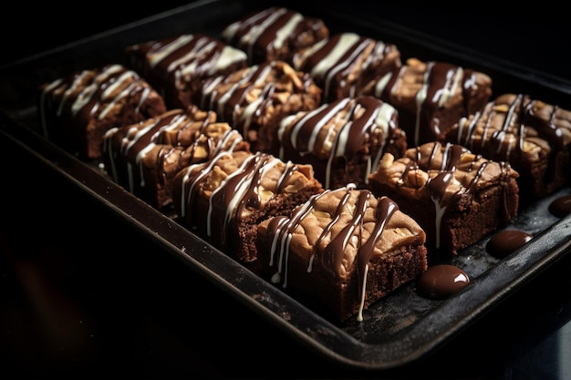 Photo freshly baked brownies on tray