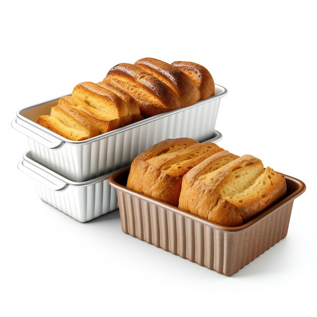 Freshly baked buns in a baking tray isolated on white background