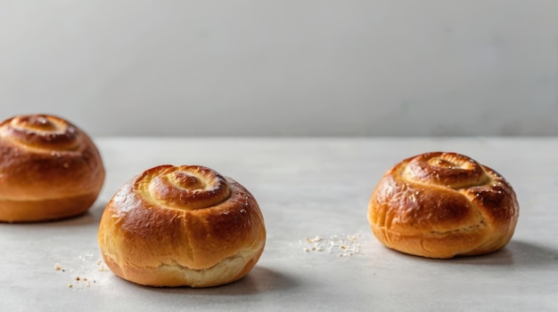 Freshly baked buns with raisins on a light background