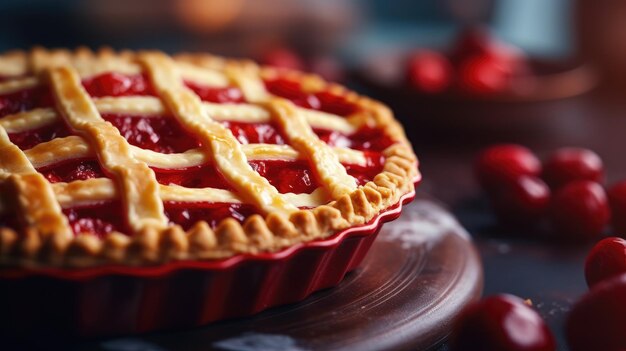 A freshly baked cherry pie with a lattice crust