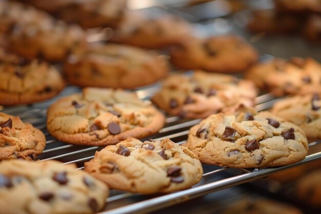 Freshly baked chocolate chip cookies cooling on rack