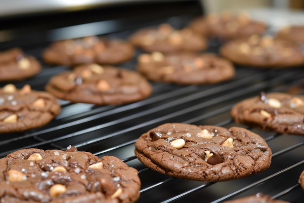 Freshly baked chocolate chip cookies on cooling rack