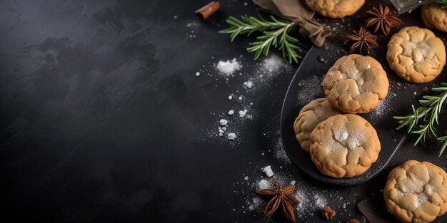 Photo freshly baked chocolate chip cookies on a plate with a sprig of rosemary a blurred background