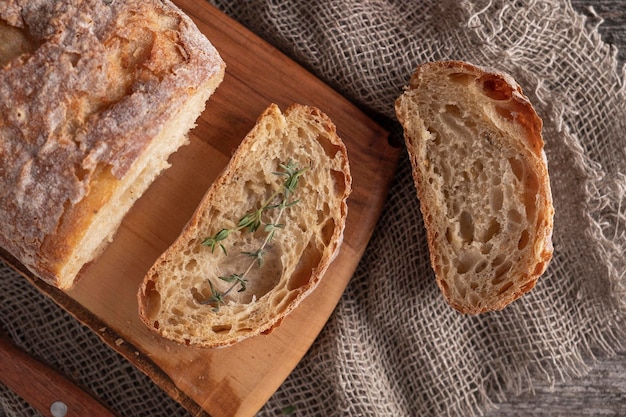 Freshly baked ciabatta bread Top view