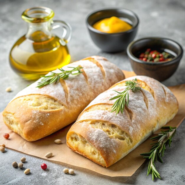 Photo freshly baked ciabatta with visible air pockets