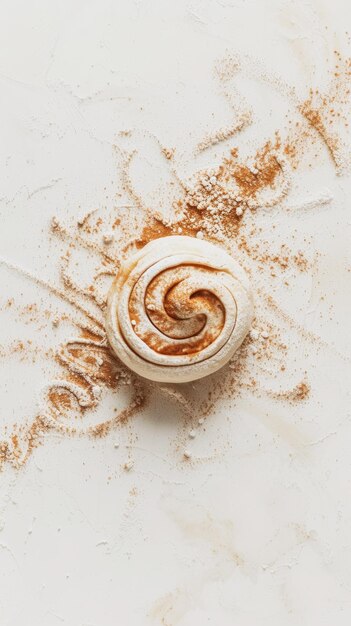 Photo freshly baked cinnamon bun roll with sugar and flour aesthetic food ad concept generative ai