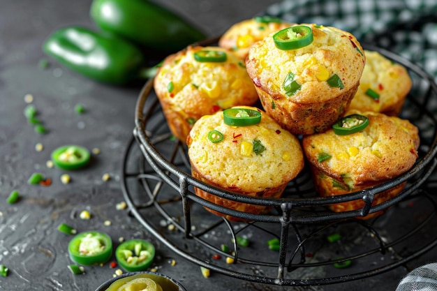 Photo freshly baked cornbread muffins with spicy jalapeno pepper in muffin pan