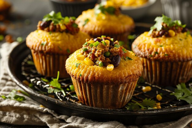 Photo freshly baked cornbread muffins with spicy jalapeno pepper in wired basket