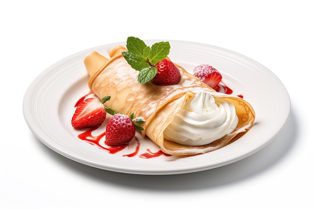 Freshly baked crepe with strawberries and whipped cream isolated on white background